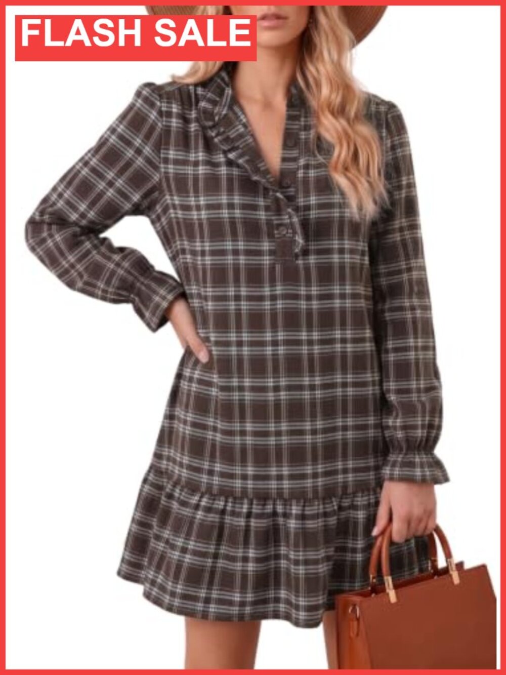 Plaid Mini Dress Long Sleeve Button Down Ruffled Collar Loose Fit
